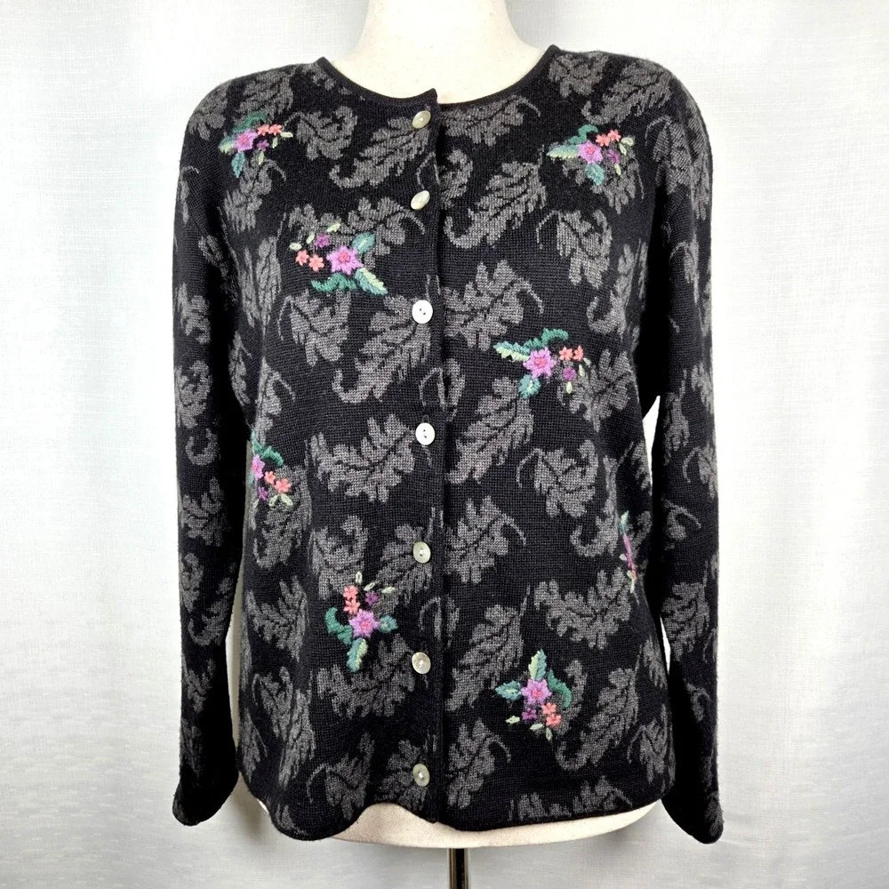 Talbots Black Floral Embroidered Cardigan Women's‎ L Button Up Cottagecore Bloom